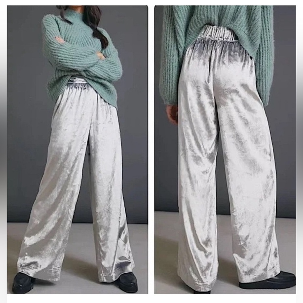 ANTHROPOLOGIE MAEVE ANASTACIA SILVER CRUSHED VELVET WIDE LEG PANTS SIZE‎ XS
